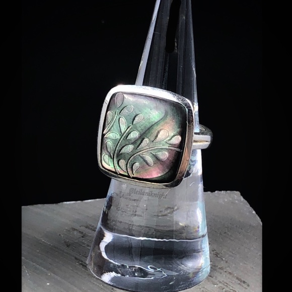 Silpada Retired Sterling Silver Etched Black Lip Shell Fern Leaf Ring - Picture 7 of 11